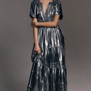 ANTHROPOLOGIE SOMERSET MAXI DRESS SILVER METALLIC FOIL
